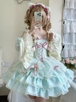 Robe Sweet Ballet Lolita rose à manches amovibles et lacets avec ras-de-cou