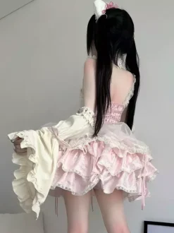 Robe Sweet Ballet Lolita rose à manches amovibles et lacets avec ras-de-cou