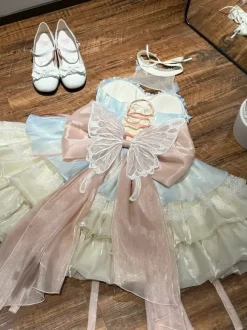 Robe Sweet Lolita bleu ciel clair sans manches robe de soirée thé avec n艙uds et traîne polyester mode kawaii