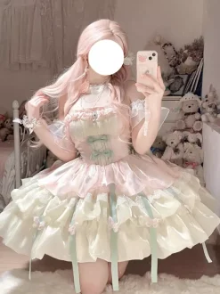 Robe Sweet Lolita bleu ciel clair sans manches robe de soirée thé avec n艙uds et traîne polyester mode kawaii
