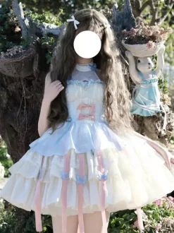 Robe Sweet Lolita bleu ciel clair sans manches robe de soirée thé avec n艙uds et traîne polyester mode kawaii