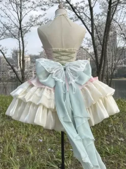 Robe Sweet Lolita bleu ciel clair sans manches robe de soirée thé avec n艙uds et traîne polyester mode kawaii