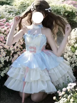 Robe Sweet Lolita bleu ciel clair sans manches robe de soirée thé avec n艙uds et traîne polyester mode kawaii