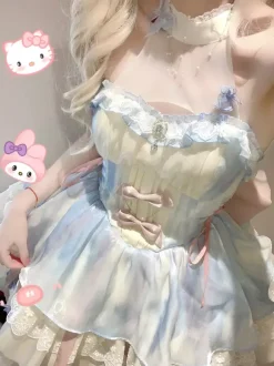 Robe Sweet Lolita bleu ciel clair sans manches robe de soirée thé avec n艙uds et traîne polyester mode kawaii