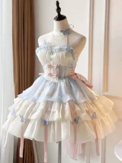 Robe Sweet Lolita bleu ciel clair sans manches robe de soirée thé avec n艙uds et traîne polyester mode kawaii