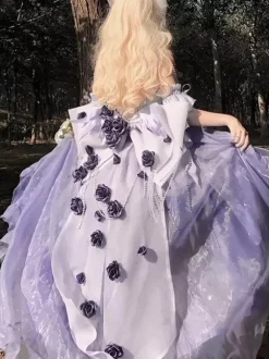 Robe Sweet Lolita brodée avec n艙ud papillon et lacets coupe haute et basse sans manches en maille violette