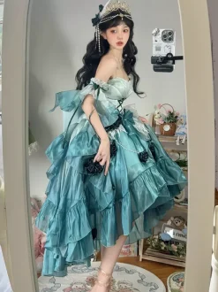Robe Sweet Lolita brodée avec n艙ud papillon et lacets coupe haute et basse sans manches en maille violette