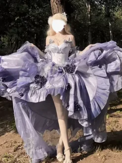 Robe Sweet Lolita brodée avec n艙ud papillon et lacets coupe haute et basse sans manches en maille violette