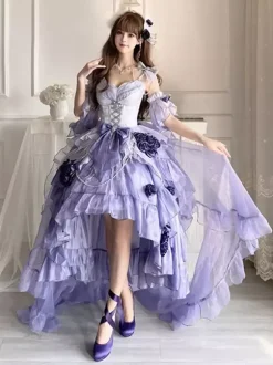 Robe Sweet Lolita brodée avec n艙ud papillon et lacets coupe haute et basse sans manches en maille violette
