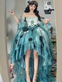 Robe Sweet Lolita brodée avec n艙ud papillon et lacets coupe haute et basse sans manches en maille violette