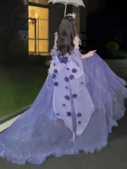 Robe Sweet Lolita brodée avec n艙ud papillon et lacets coupe haute et basse sans manches en maille violette
