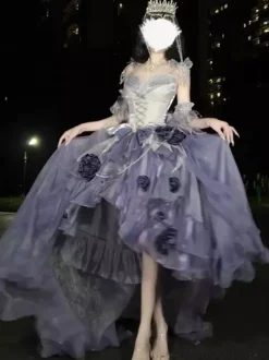 Robe Sweet Lolita brodée avec n艙ud papillon et lacets coupe haute et basse sans manches en maille violette