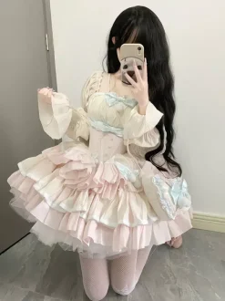Robe Sweet Lolita en polyester sans manches volants multicouches n艙ud papillon Sweet Ballet Lolita JSK