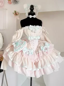 Robe Sweet Lolita en polyester sans manches volants multicouches n艙ud papillon Sweet Ballet Lolita JSK