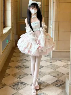Robe Sweet Lolita en polyester sans manches volants multicouches n艙ud papillon Sweet Ballet Lolita JSK