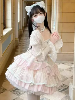 Robe Sweet Lolita en polyester sans manches volants multicouches n艙ud papillon Sweet Ballet Lolita JSK