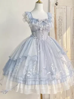 Robe Sweet Lolita JSK bleu ciel clair à volants n艙uds et broderies sans manches