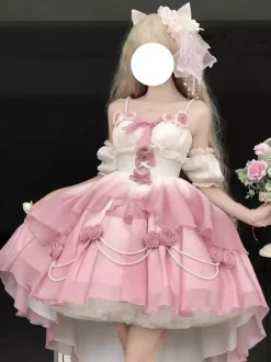 Robe Sweet Lolita JSK à fleurs et n艙uds col halter ourlet découpé sur le devant et traîne