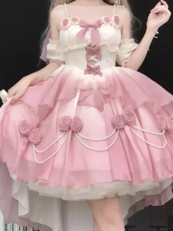 Robe Sweet Lolita JSK à fleurs et n艙uds col halter ourlet découpé sur le devant et traîne