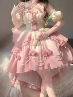 Robe Sweet Lolita JSK à fleurs et n艙uds col halter ourlet découpé sur le devant et traîne