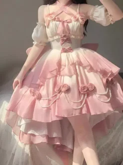Robe Sweet Lolita JSK à fleurs et n艙uds col halter ourlet découpé sur le devant et traîne
