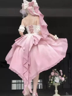 Robe Sweet Lolita JSK à fleurs et n艙uds col halter ourlet découpé sur le devant et traîne