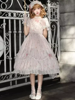 Robe Sweet Lolita rose à manches courtes et volants floraux pour l'été