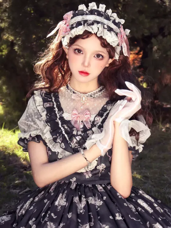 Robe Sweet Lolita rose à manches courtes et volants floraux pour l'été
