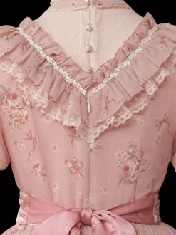 Robe Sweet Lolita rose à manches courtes et volants floraux pour l'été