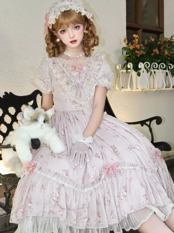 Robe Sweet Lolita rose à manches courtes et volants floraux pour l'été