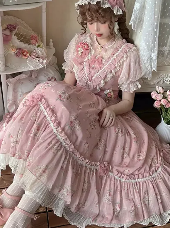 Robe Sweet Lolita rose à manches courtes et volants floraux pour l'été