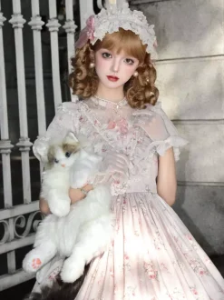 Robe Sweet Lolita rose à manches courtes et volants floraux pour l'été