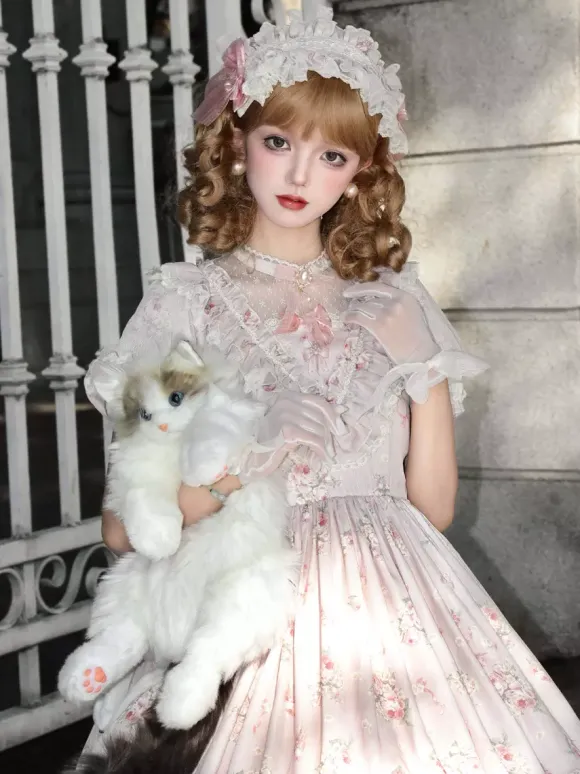 Robe Sweet Lolita rose à manches courtes et volants floraux pour l'été