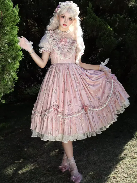 Robe Sweet Lolita rose à manches courtes et volants floraux pour l'été