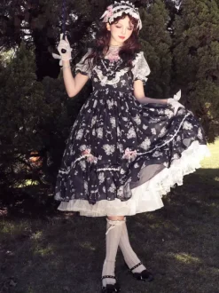 Robe Sweet Lolita rose à manches courtes et volants floraux pour l'été