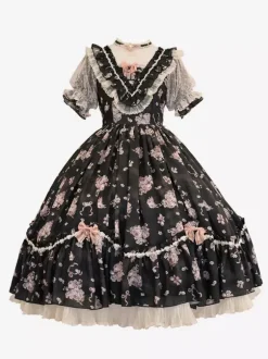 Robe Sweet Lolita rose à manches courtes et volants floraux pour l'été