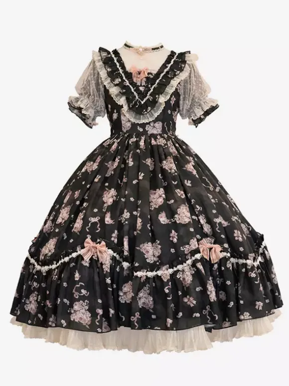 Robe Sweet Lolita rose à manches courtes et volants floraux pour l'été