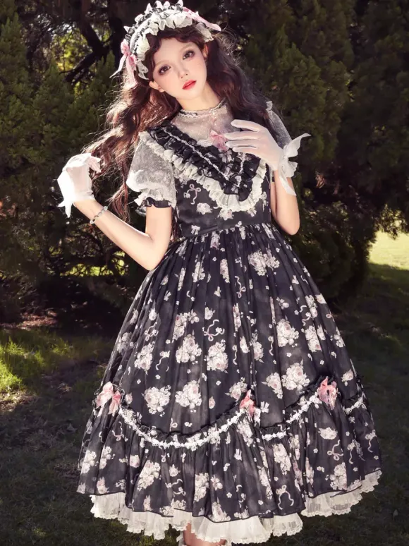 Robe Sweet Lolita rose à manches courtes et volants floraux pour l'été