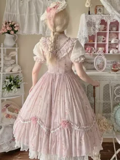 Robe Sweet Lolita rose à manches courtes et volants floraux pour l'été