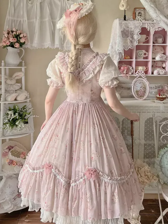 Robe Sweet Lolita rose à manches courtes et volants floraux pour l'été