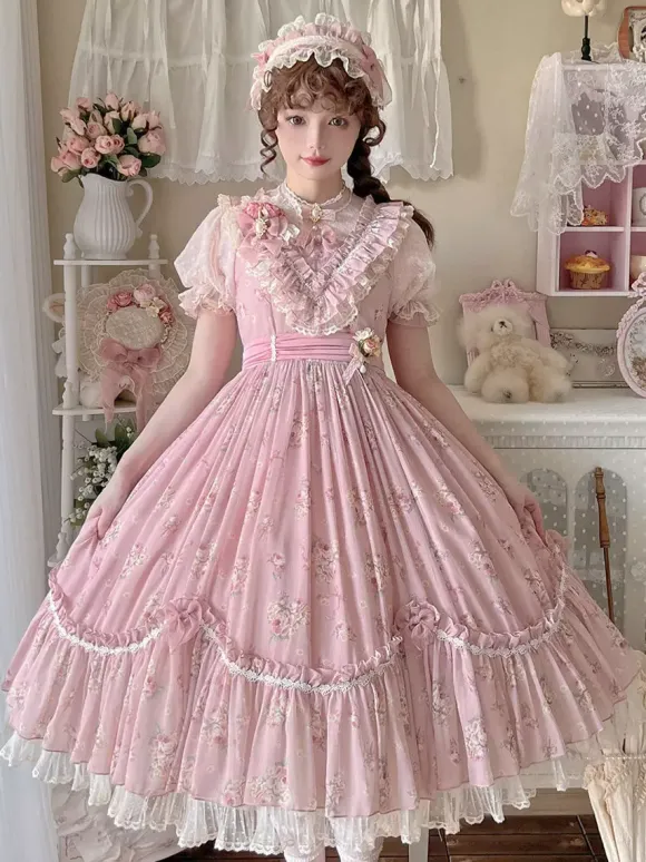 Robe Sweet Lolita rose à manches courtes et volants floraux pour l'été