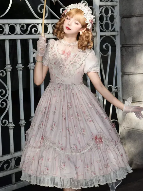 Robe Sweet Lolita rose à manches courtes et volants floraux pour l'été