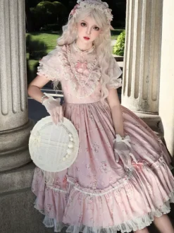 Robe Sweet Lolita rose à manches courtes et volants floraux pour l'été
