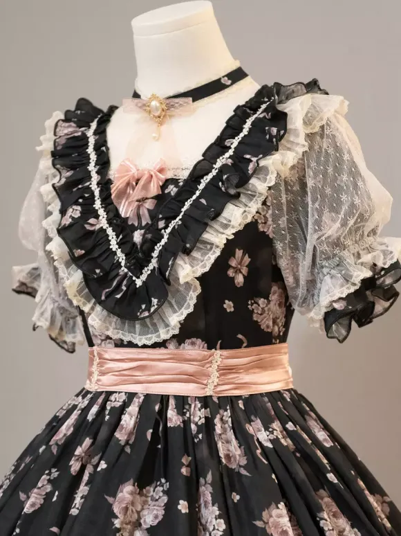 Robe Sweet Lolita rose à manches courtes et volants floraux pour l'été