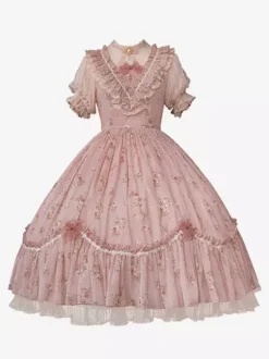 Robe Sweet Lolita rose à manches courtes et volants floraux pour l'été