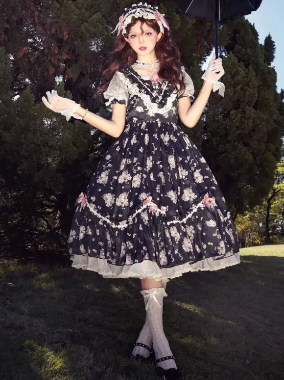 Robe Sweet Lolita rose à manches courtes et volants floraux pour l'été