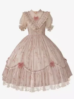 Robe Sweet Lolita rose à manches courtes et volants floraux pour l'été