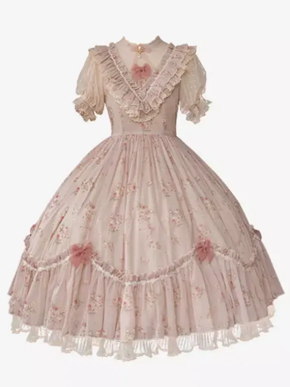 Robe Sweet Lolita rose à manches courtes et volants floraux pour l'été
