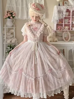 Robe Sweet Lolita rose à manches courtes et volants floraux pour l'été