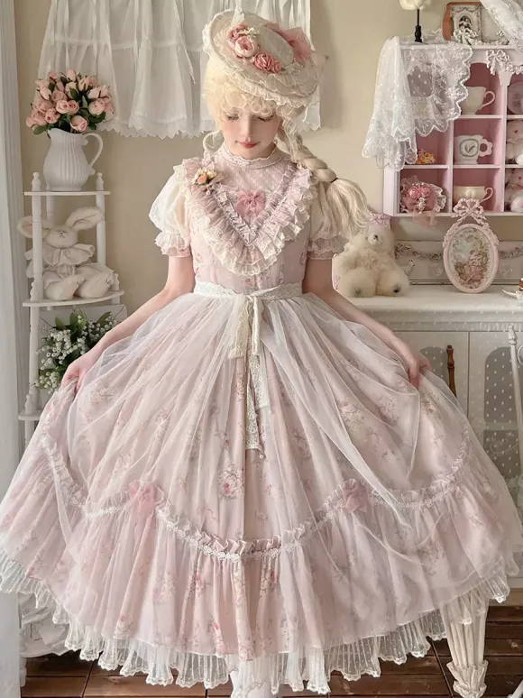 Robe Sweet Lolita rose à manches courtes et volants floraux pour l'été
